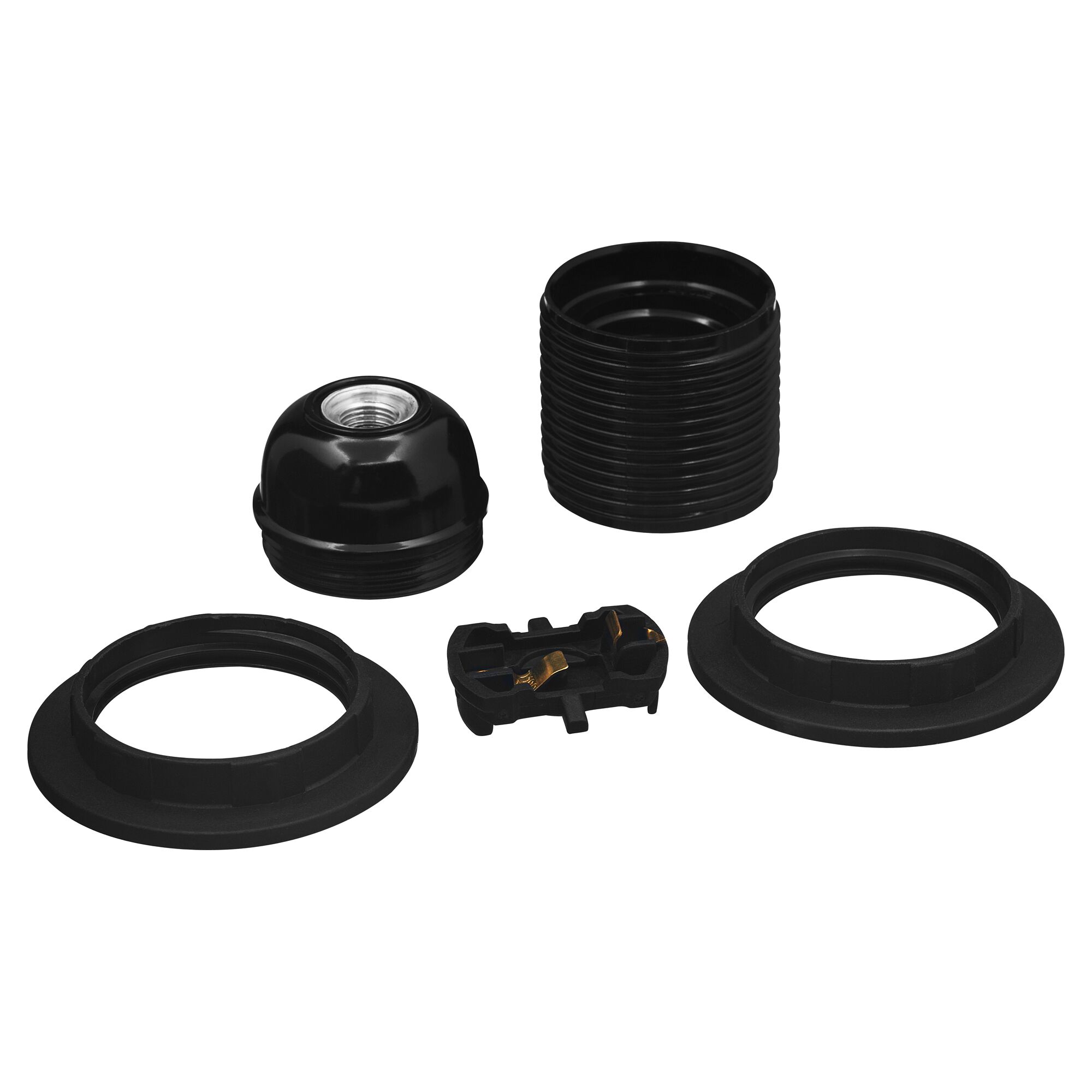 Einzelteile einer schwarzen E27-Fassung