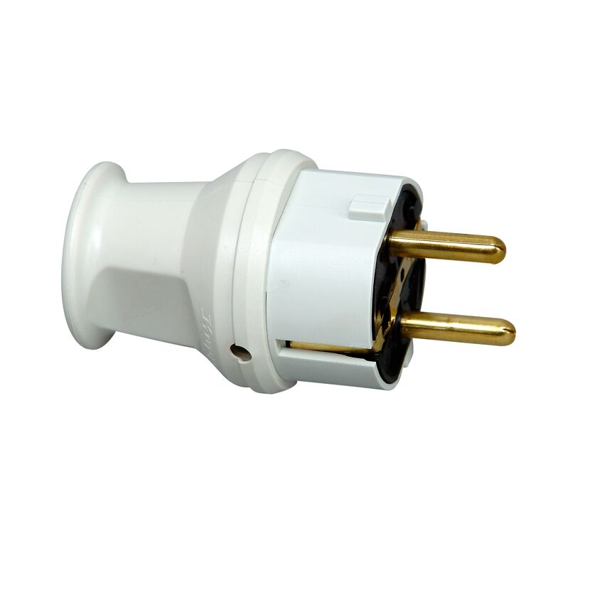 Weißer Schutzkontaktstecker mit goldenen Kontakten