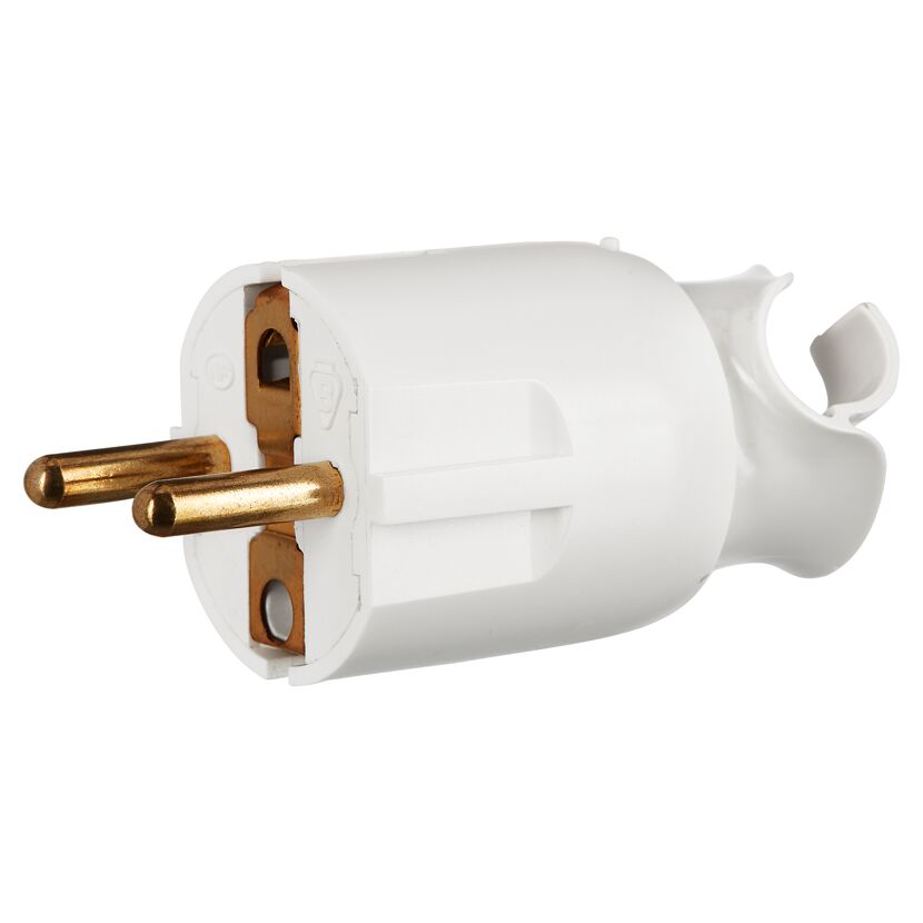Weißer Schukostecker mit zwei Kontakten.