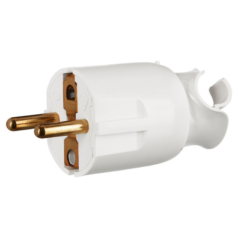 Weißer Schukostecker mit zwei Kontakten.
