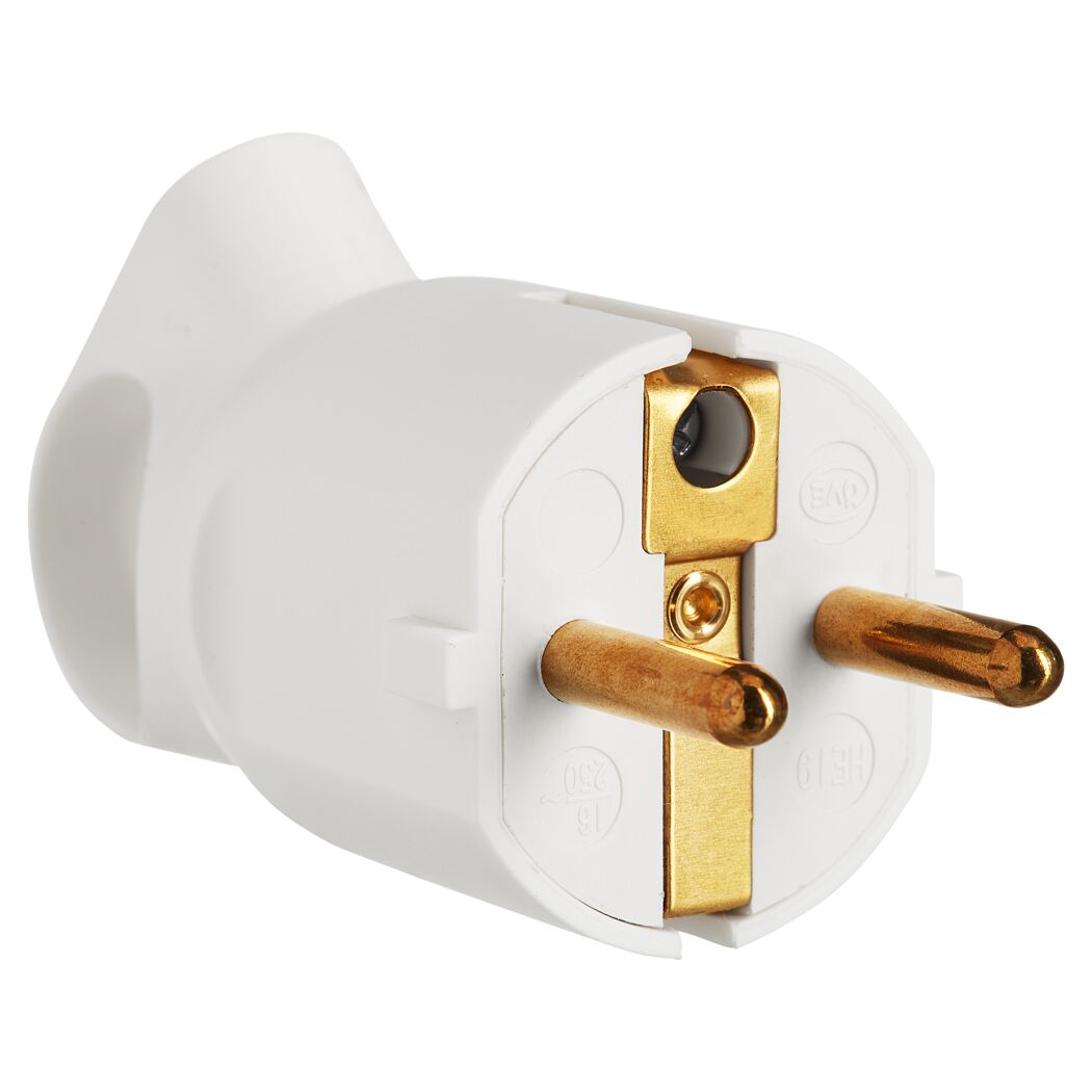 Weißer Schukostecker mit zwei goldenen Kontakten