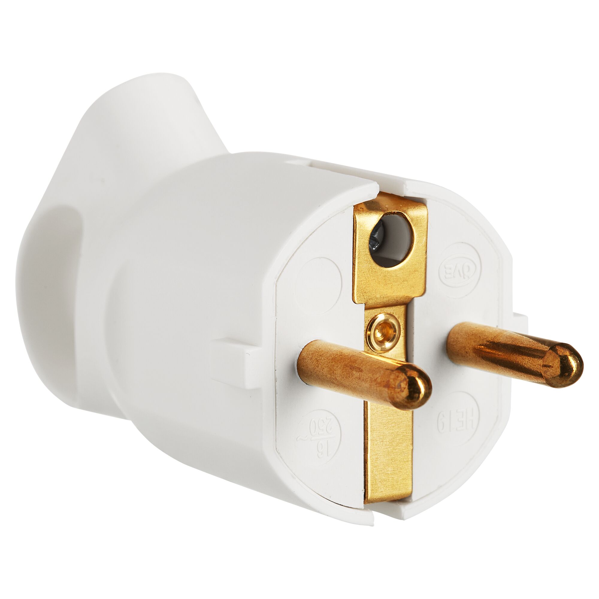 Weißer Schukostecker mit zwei goldenen Kontakten