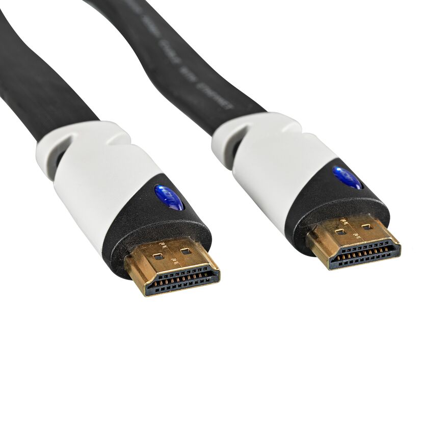 Schwarzes HDMI-Flachkabel mit weißen und blauen Akzenten