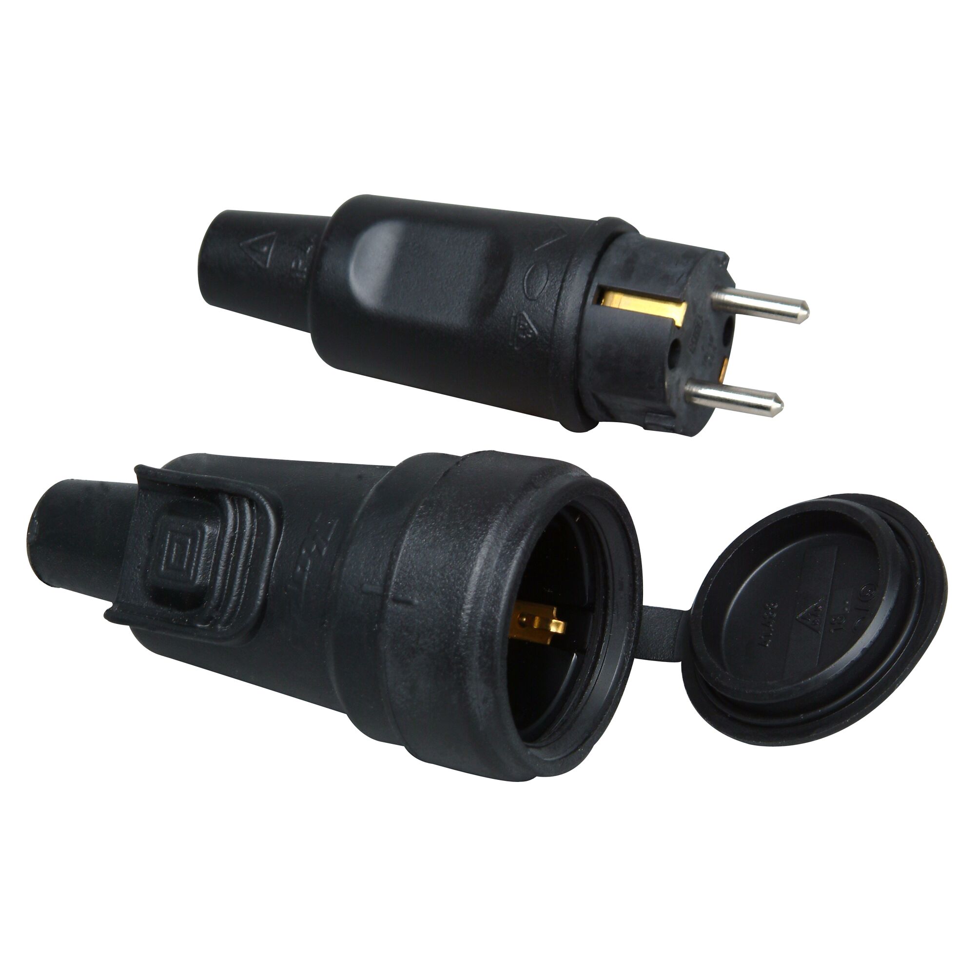 Schwarzer Schuko-Gummistecker mit Kupplung