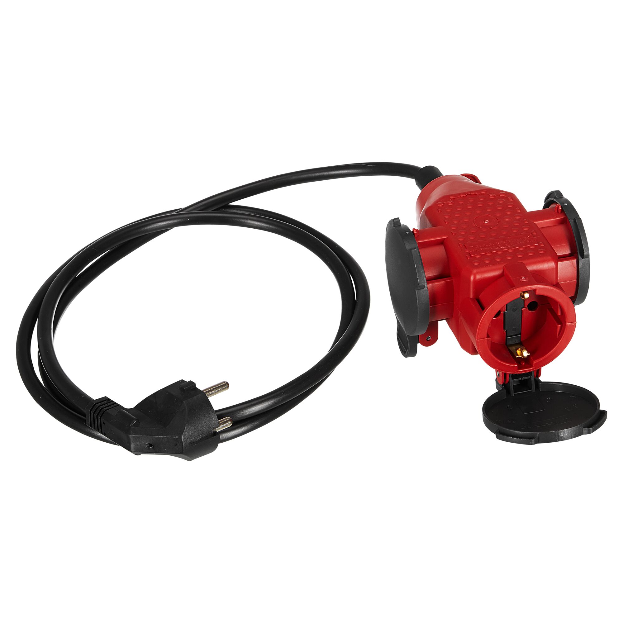 Rote Verlängerung mit Schukostecker und 3-fach Schukokupplung