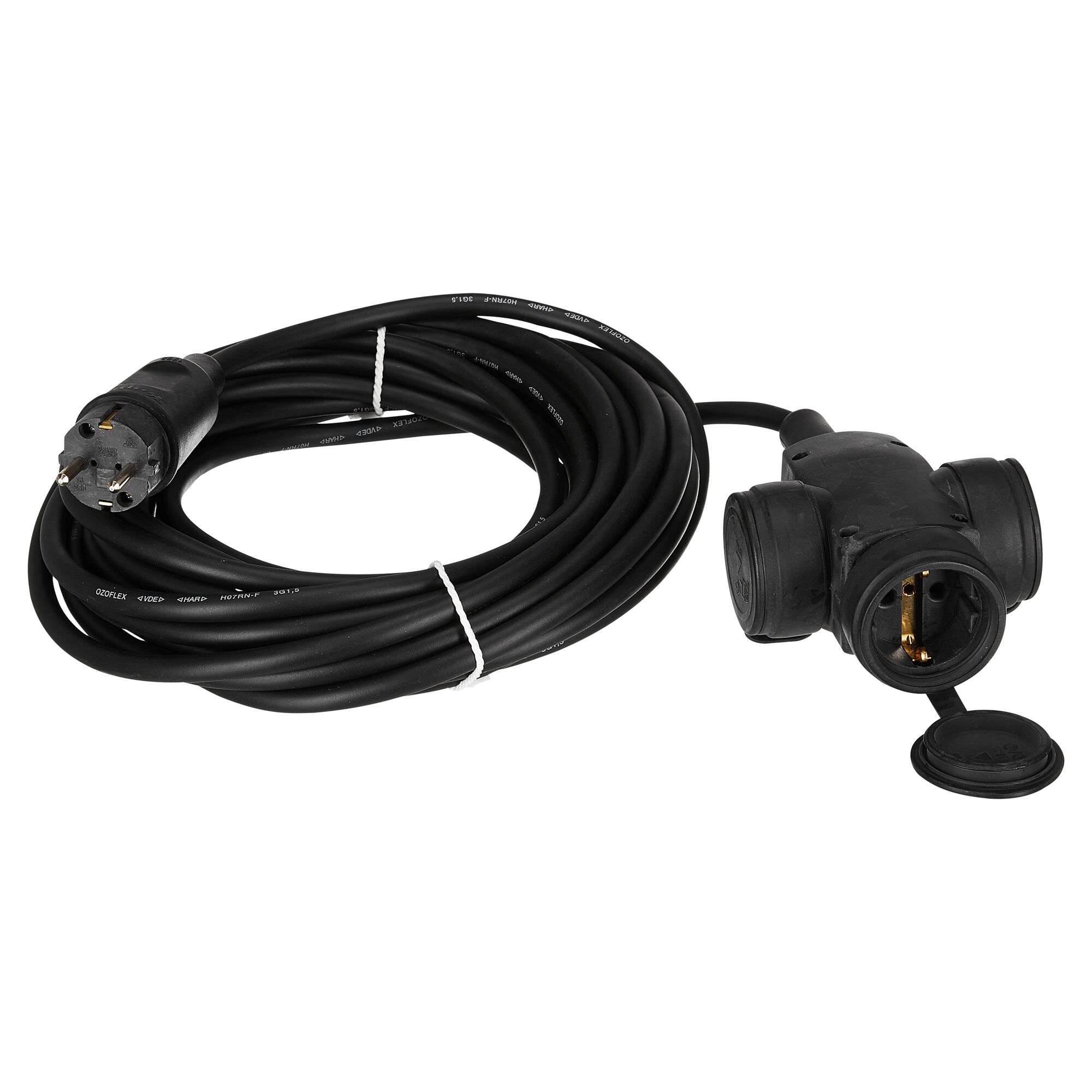 Schwarzes Verlängerungskabel mit drei Steckdosen und Schutzkappe.