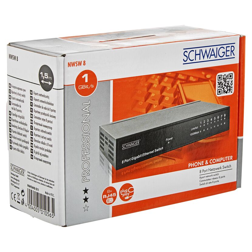 Schwarzer 8 Port Gigabit Ethernet Switch von Schwaiger in Verpackung