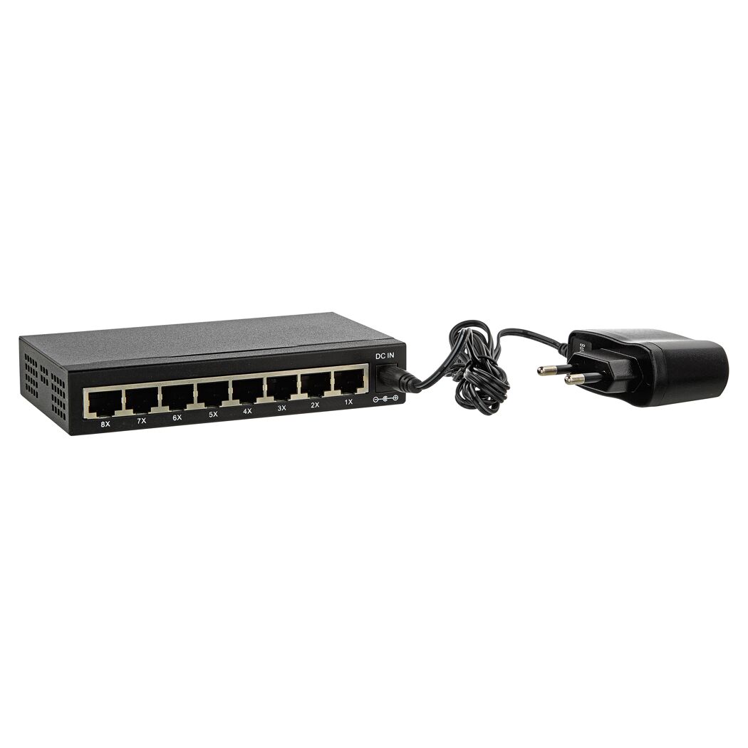 Schwarzer 8-fach Netzwerkswitch mit Netzteil