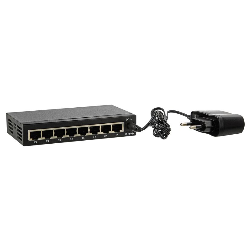 Schwarzer 8-fach Netzwerkswitch mit Netzteil