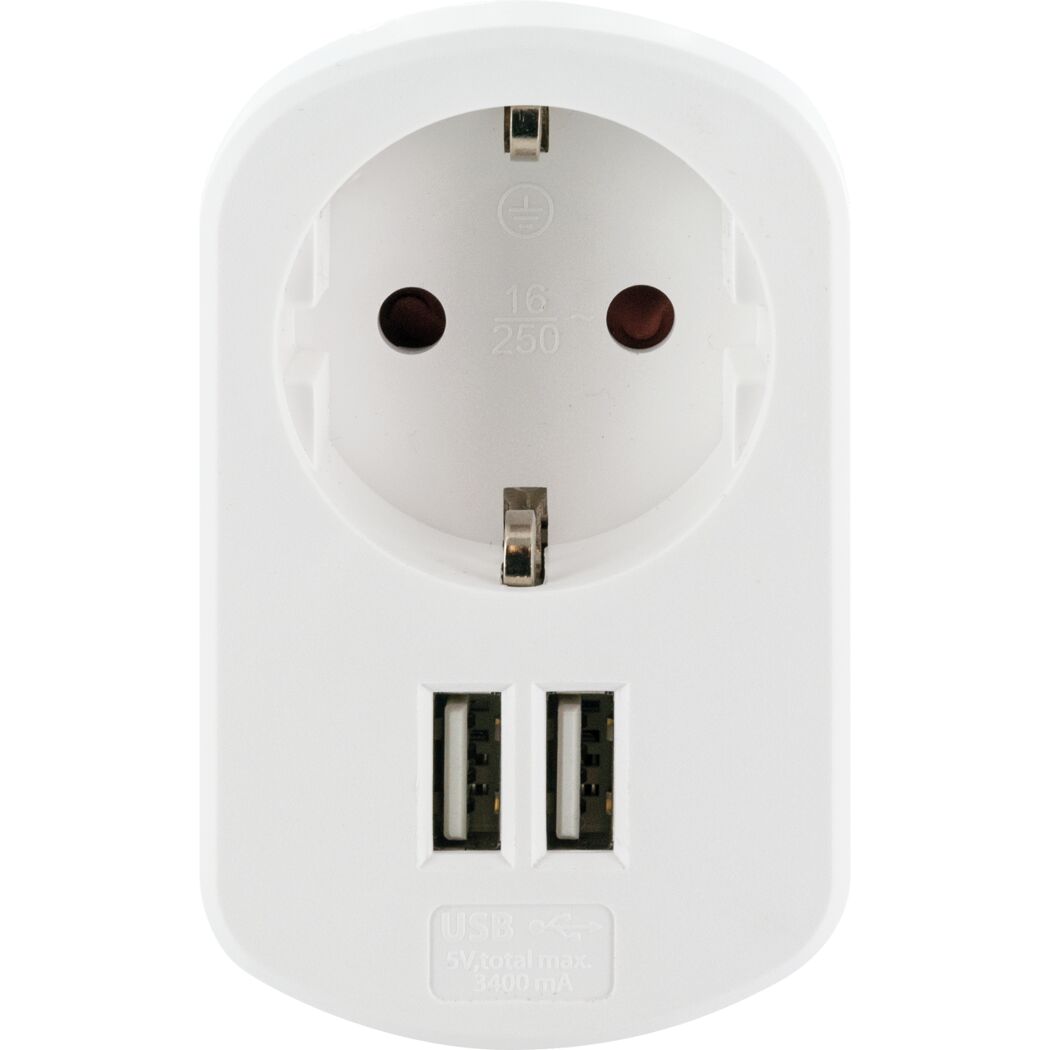 Ladeadapter mit 2 USB 2.0 A-Ports 230 V, mit Steckdose