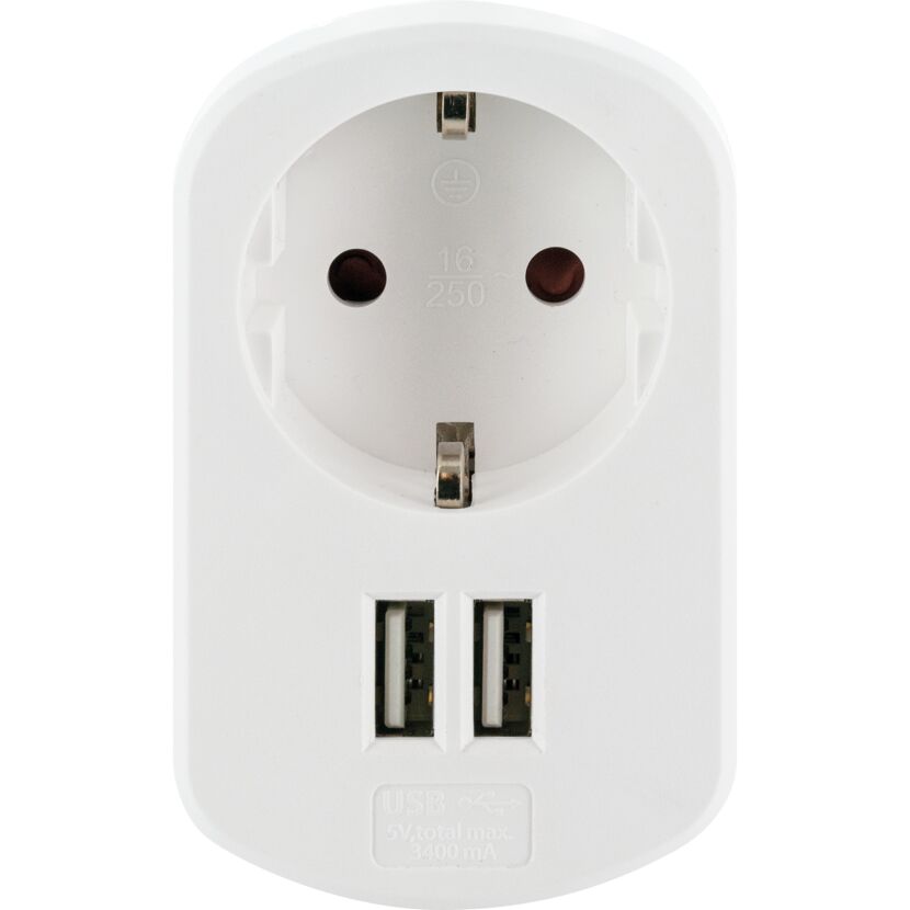 Ladeadapter mit 2 USB 2.0 A-Ports 230 V, mit Steckdose