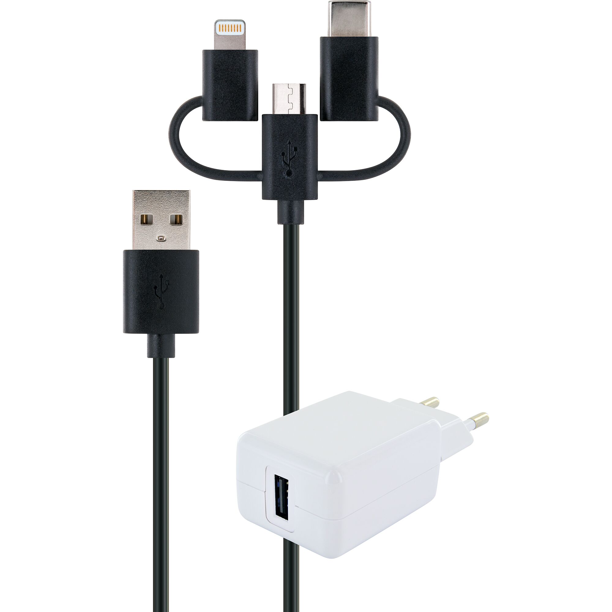 3-in-1-Ladeset mit USB-Kabel und Stecker