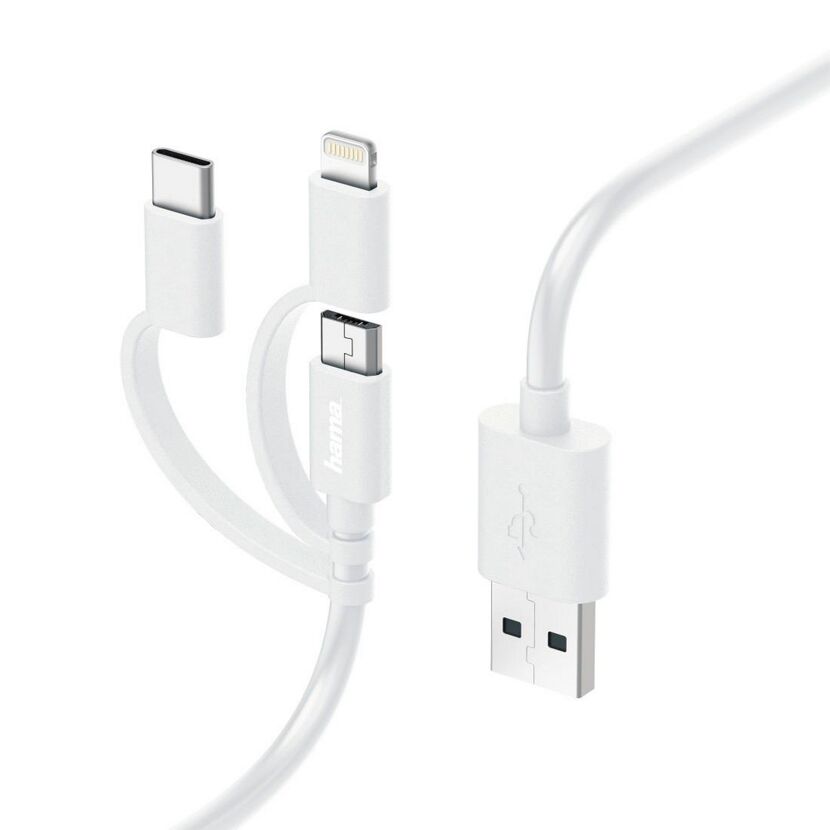 3in1-Micro-USB-Kabel weiß mit Adapter auf USB-C und Apple® Lightning