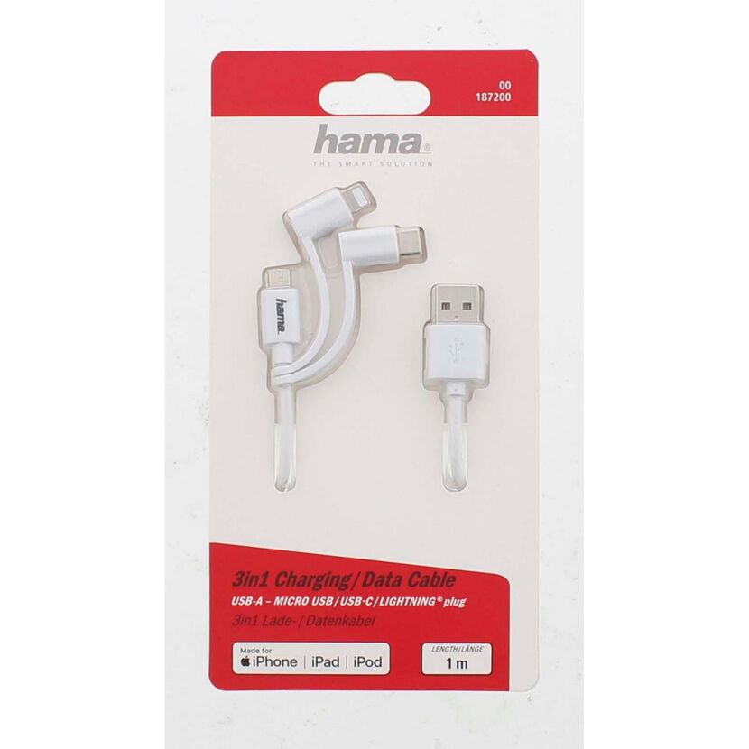3in1-Micro-USB-Kabel weiß mit Adapter auf USB-C und Apple® Lightning
