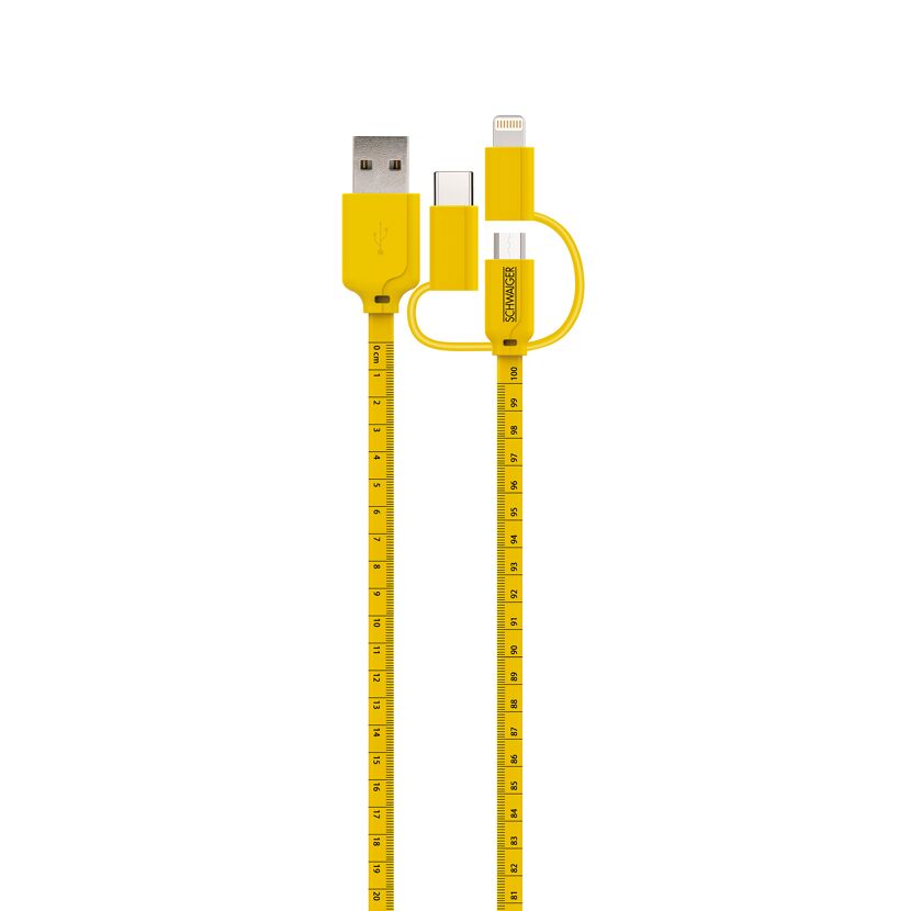 Gelbes 3-in-1 Ladekabel mit integriertem Maßband