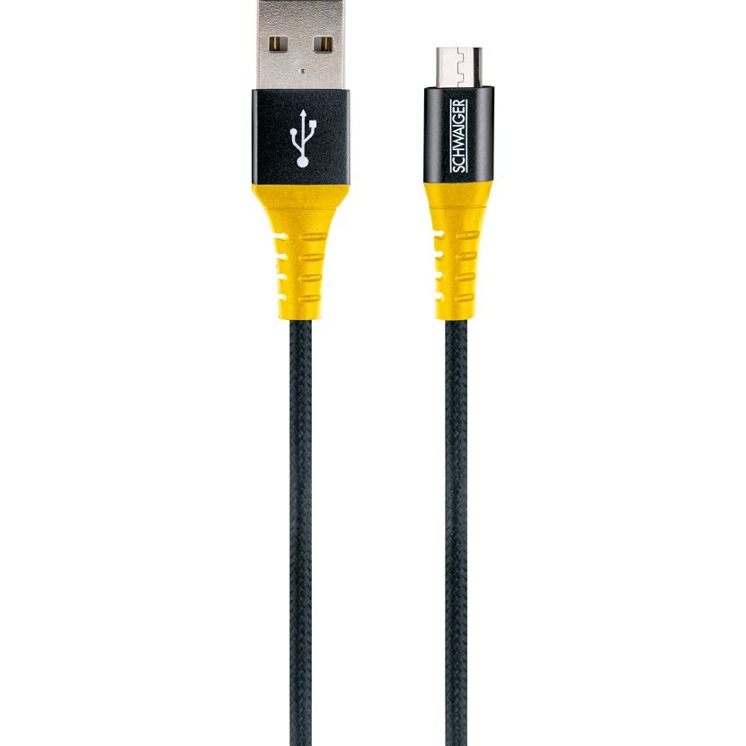 Schwarzes Ladekabel mit gelben USB-Anschlüssen