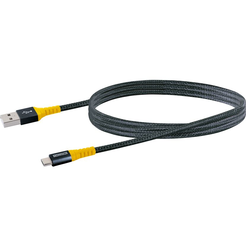 Schwarzes USB-Ladekabel mit gelben Enden