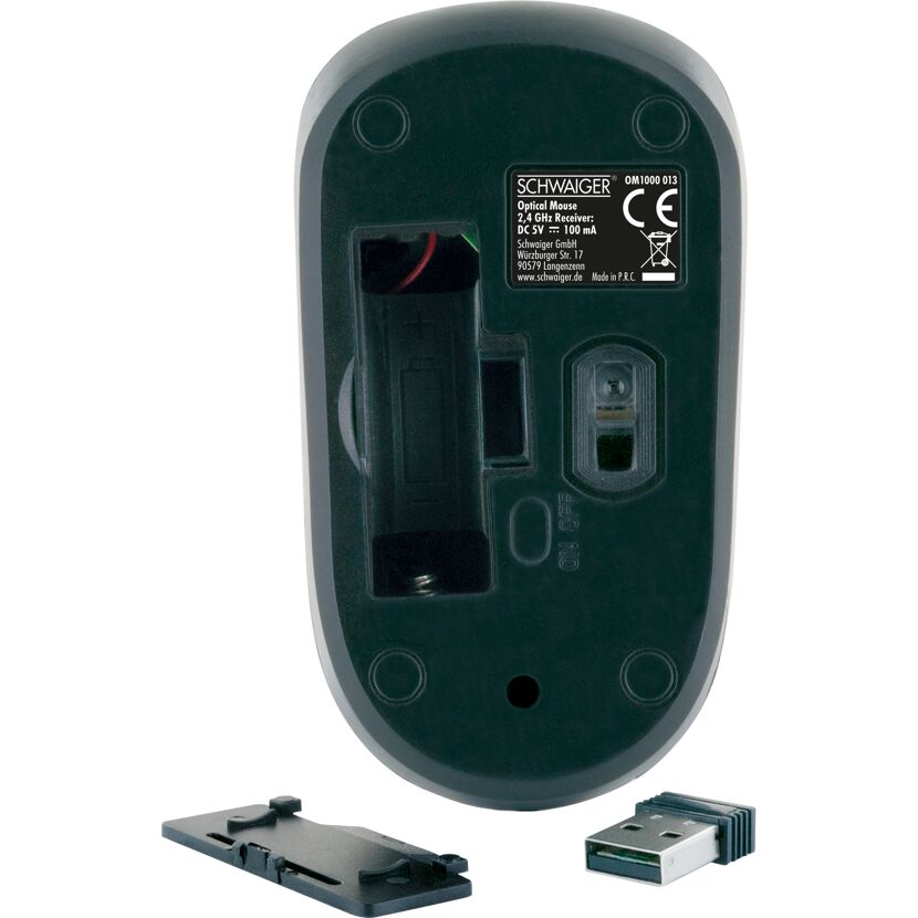 Draufsicht einer schwarzen Funkmaus mit Batteriefach und USB-Empfänger