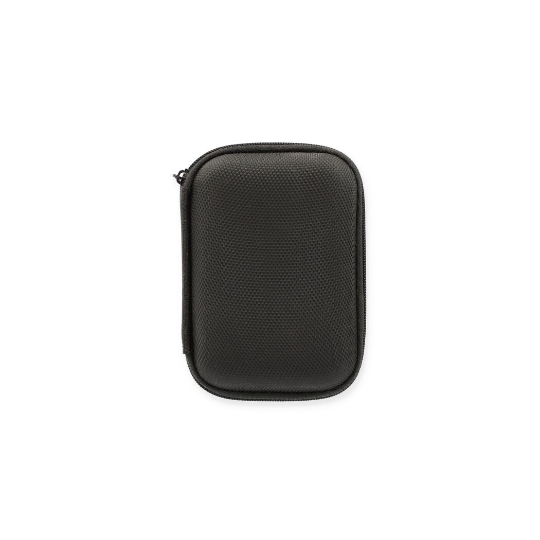 Schwarze gepolsterte Tasche mit Reißverschluss.