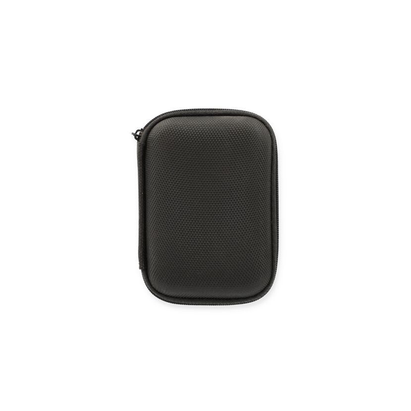 Schwarze gepolsterte Tasche mit Reißverschluss.