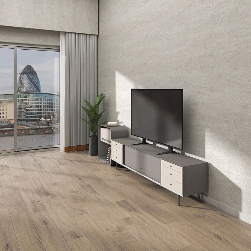 Fernseher auf TV-Standfuß in modernem Wohnzimmer
