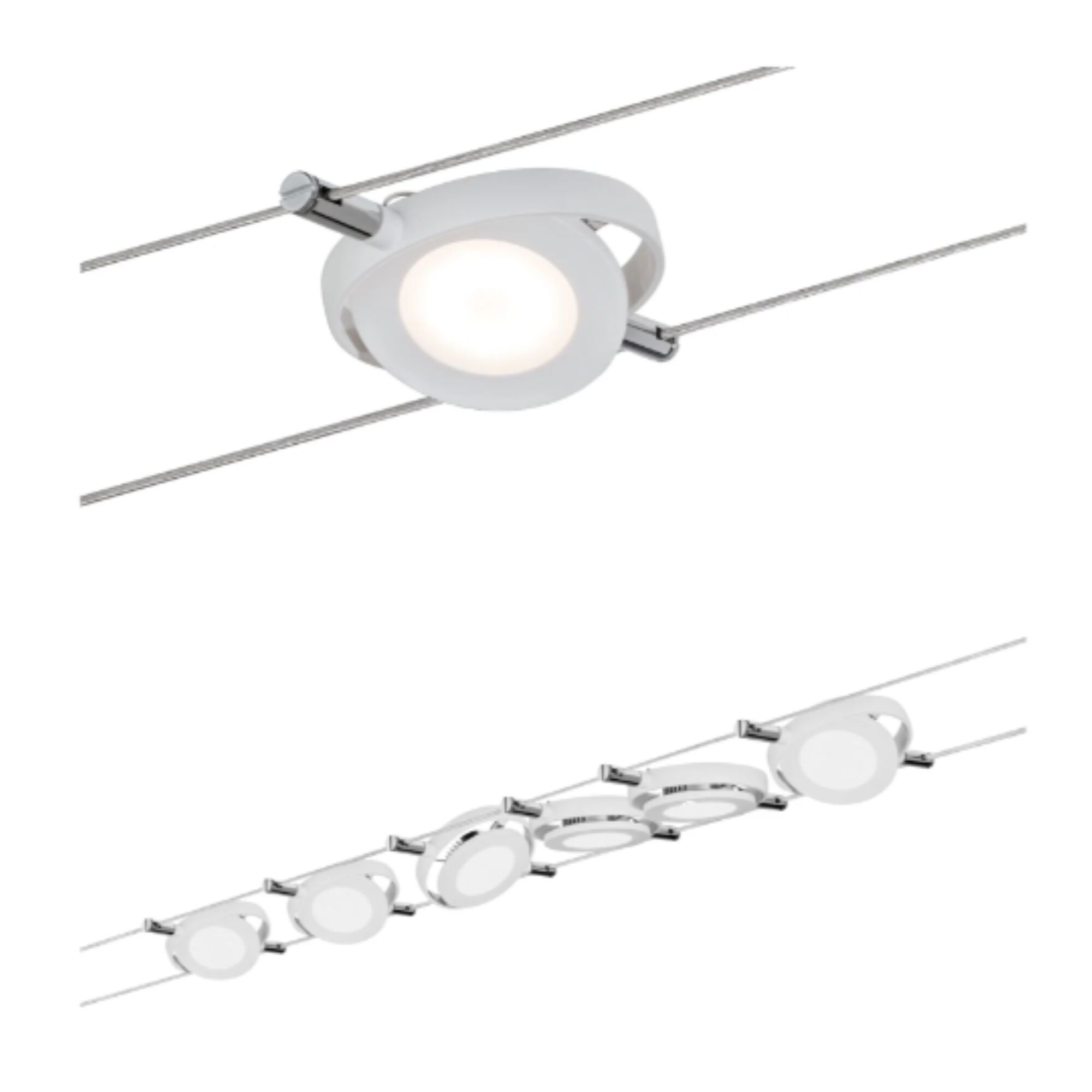 Weißes LED-Seilsystem 'RoundMac Basisset' mit mehreren Leuchten