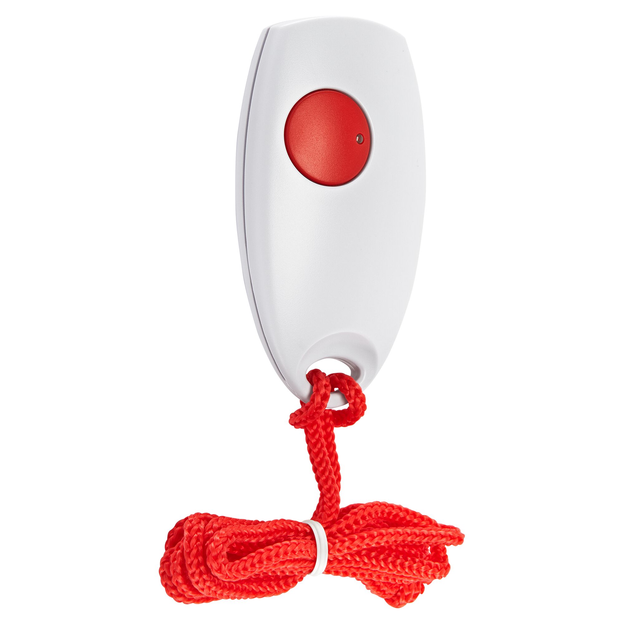 Weißer Funk-Notfallsender mit rotem Knopf und roter Kordel.