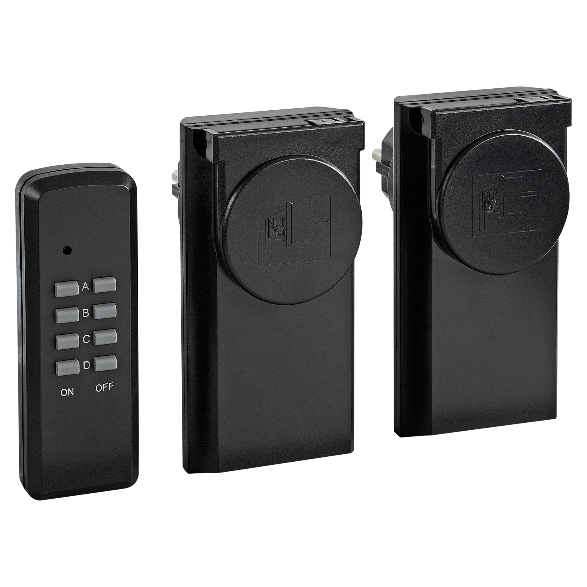 Zwei schwarze Funksteckdosen und eine Fernbedienung