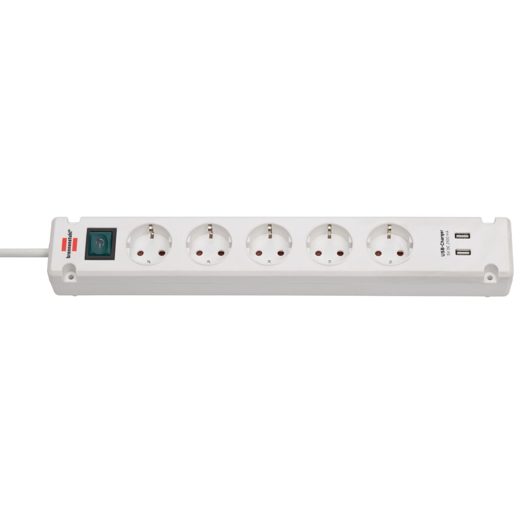 Weiße Steckerleiste mit vier Steckdosen und zwei USB-Anschlüssen.
