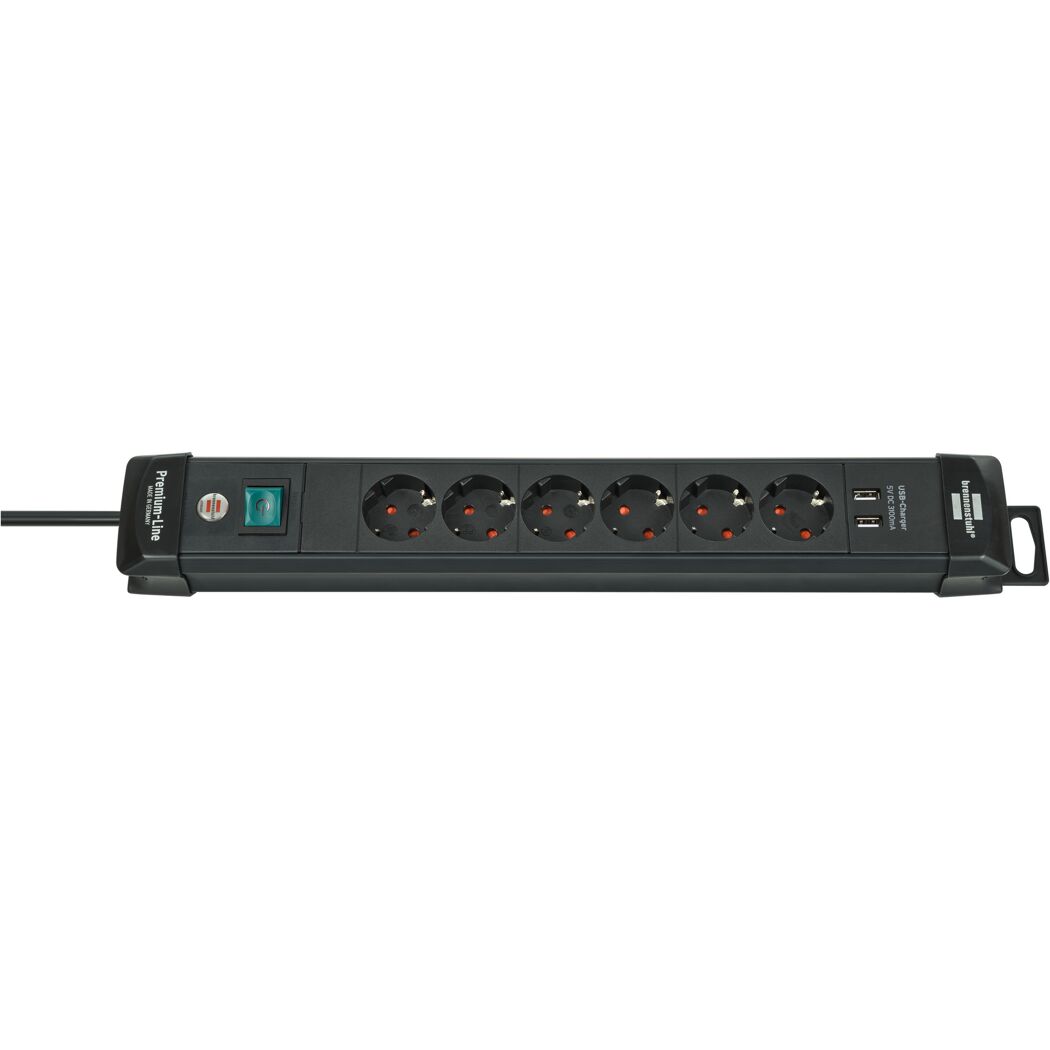 Schwarze Steckdosenleiste mit sechs Steckdosen und zwei USB-Anschlüssen.
