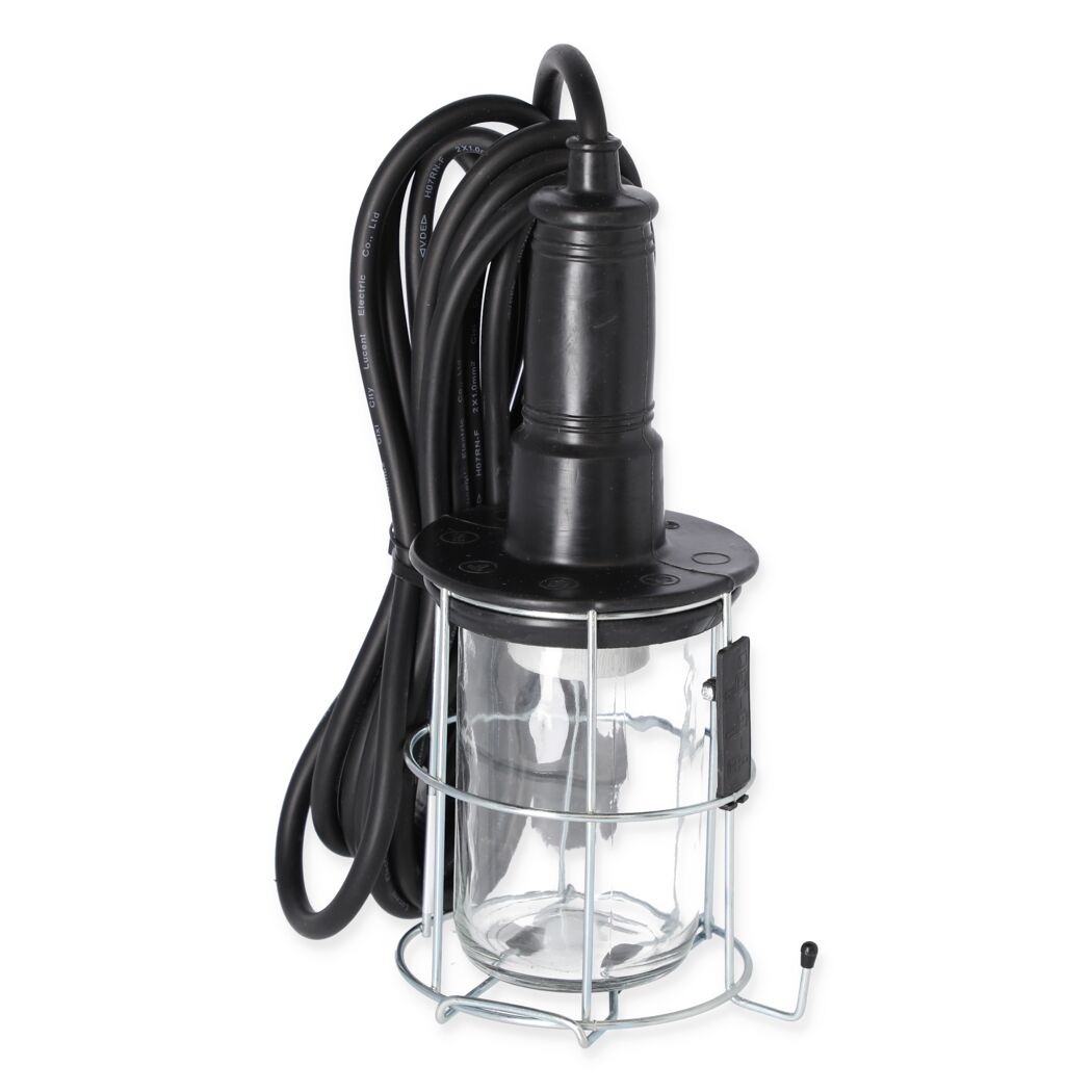 Schwarze Handleuchte mit 5 m Kabel und Metallkäfig