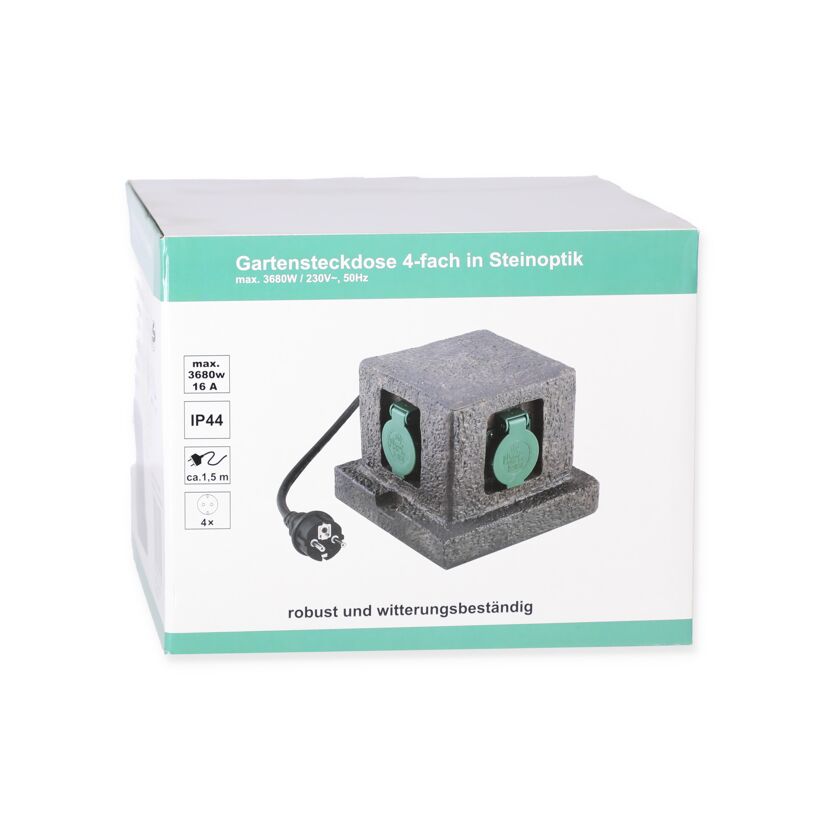 Verpackung Gartensteckdose 4-fach in Steinoptik