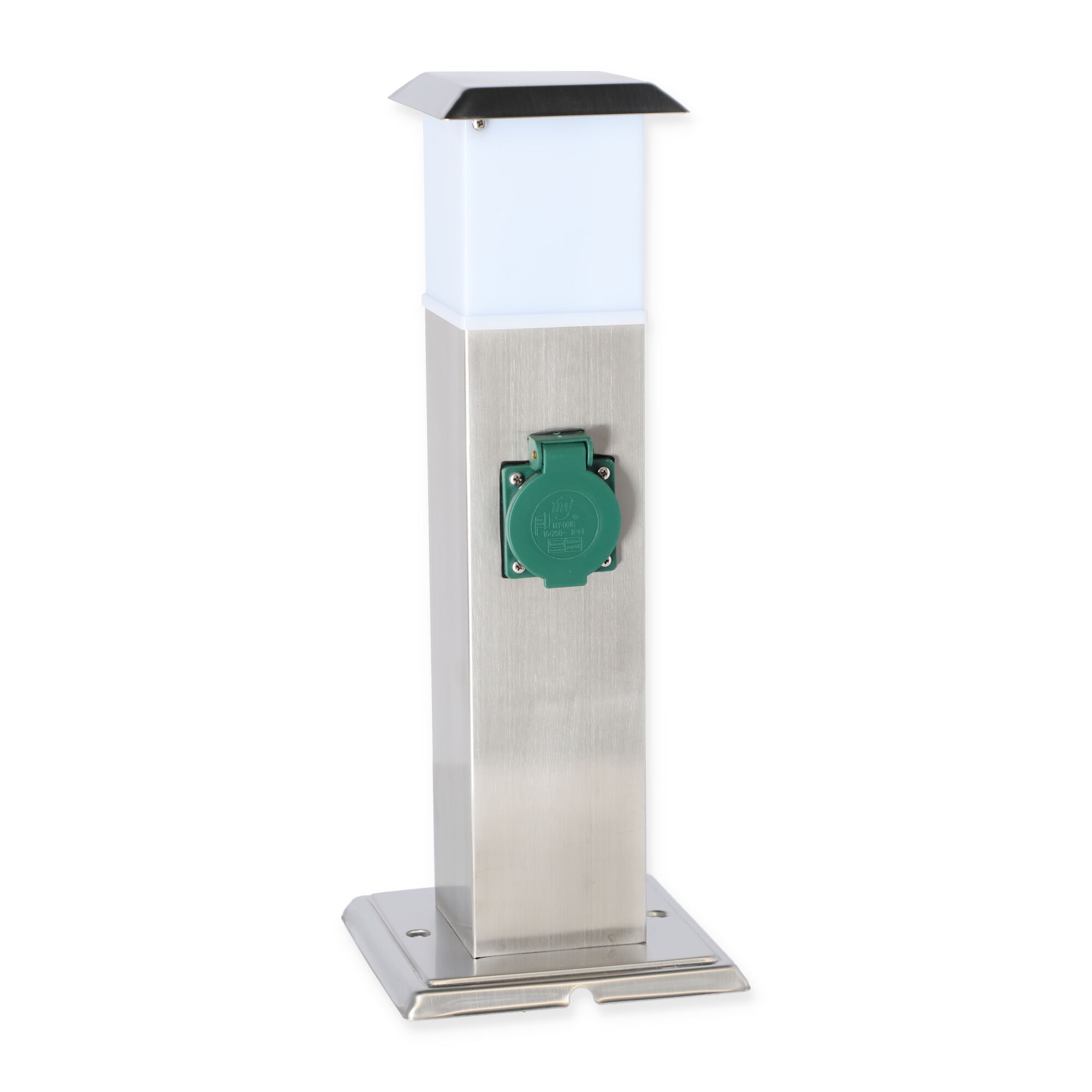 Steckdosensäule aus Edelstahl mit grüner Außensteckdose