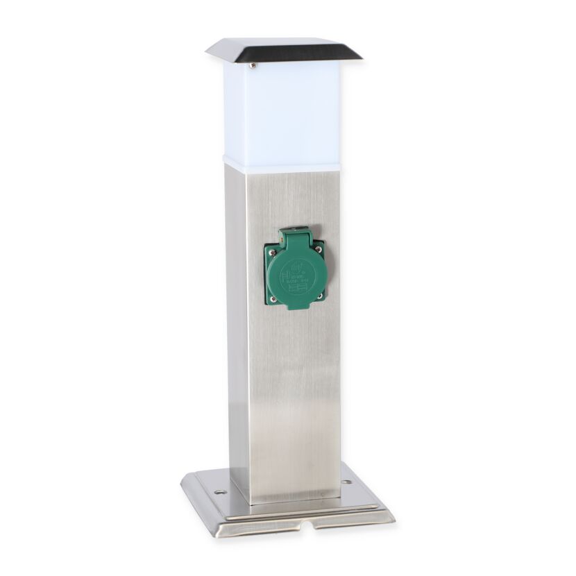 Steckdosensäule aus Edelstahl mit grüner Außensteckdose