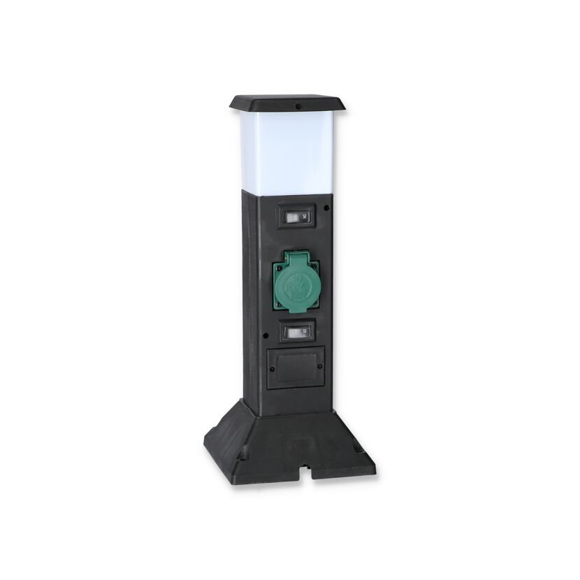 Schwarze Steckdosensäule mit grüner Abdeckung und Beleuchtung.