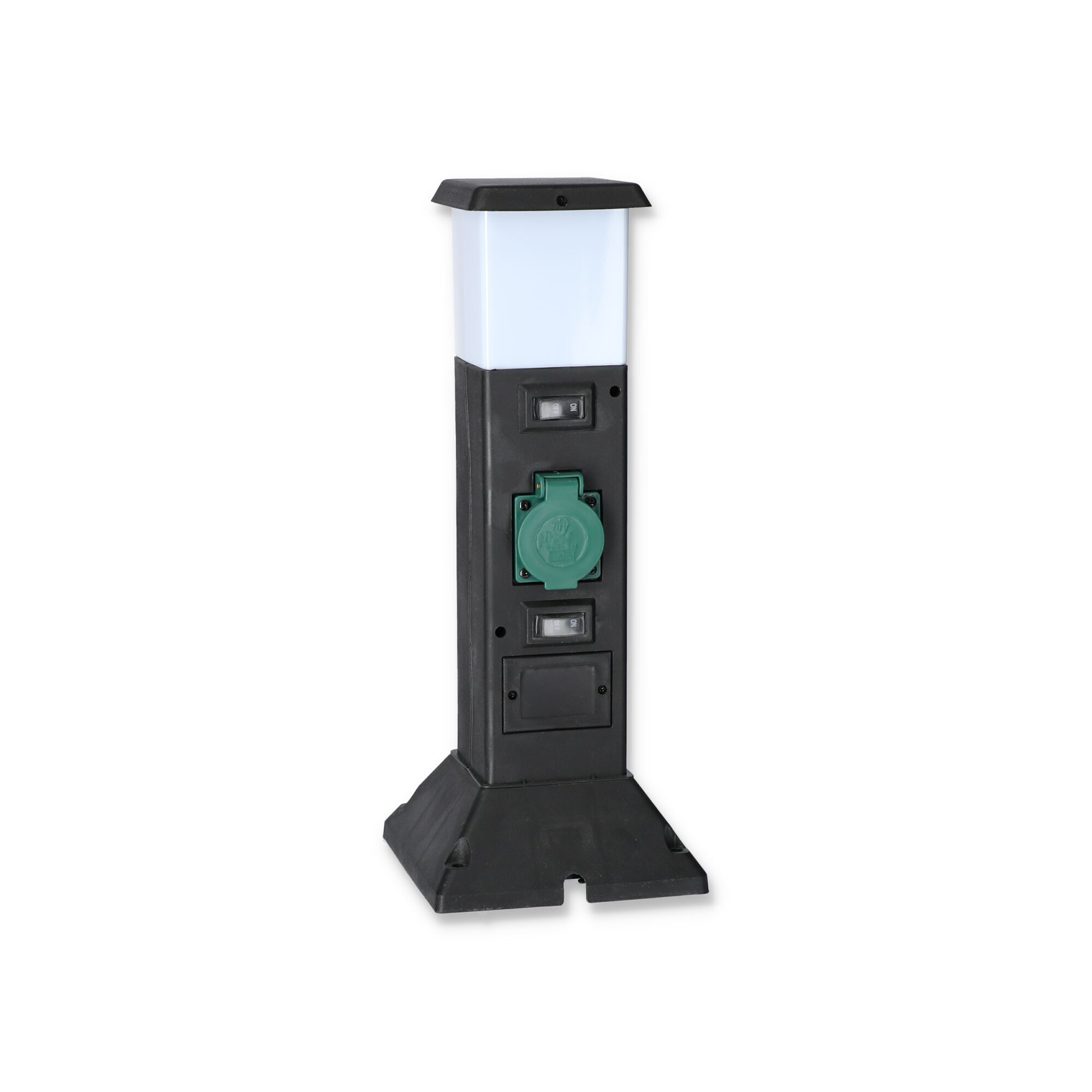 Schwarze Steckdosensäule mit grüner Abdeckung und Beleuchtung.