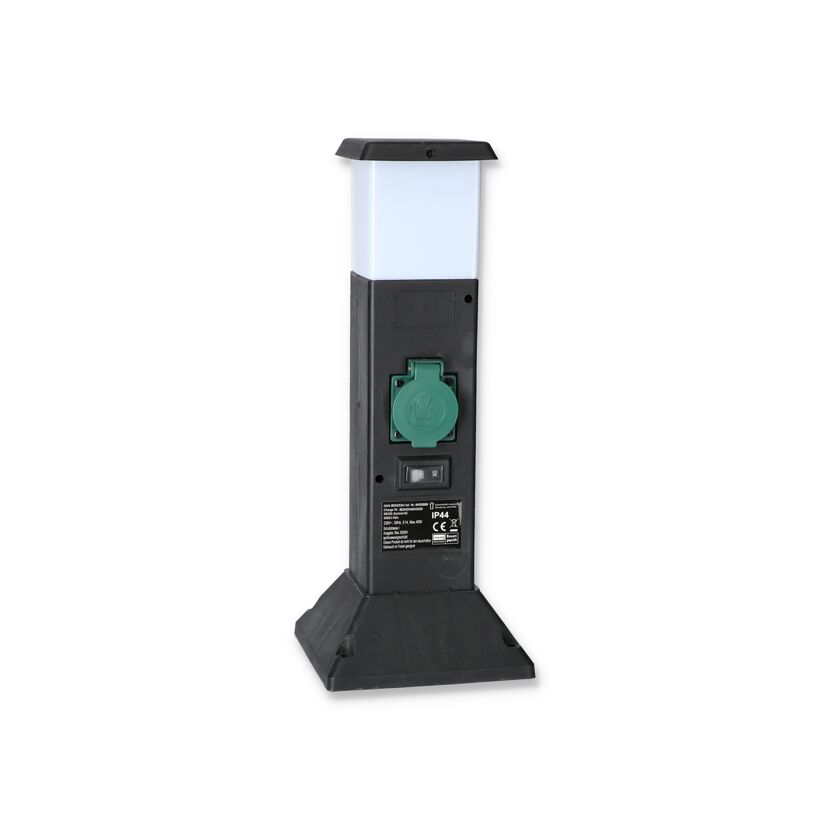 Schwarze Steckdosensäule mit grüner Abdeckung.