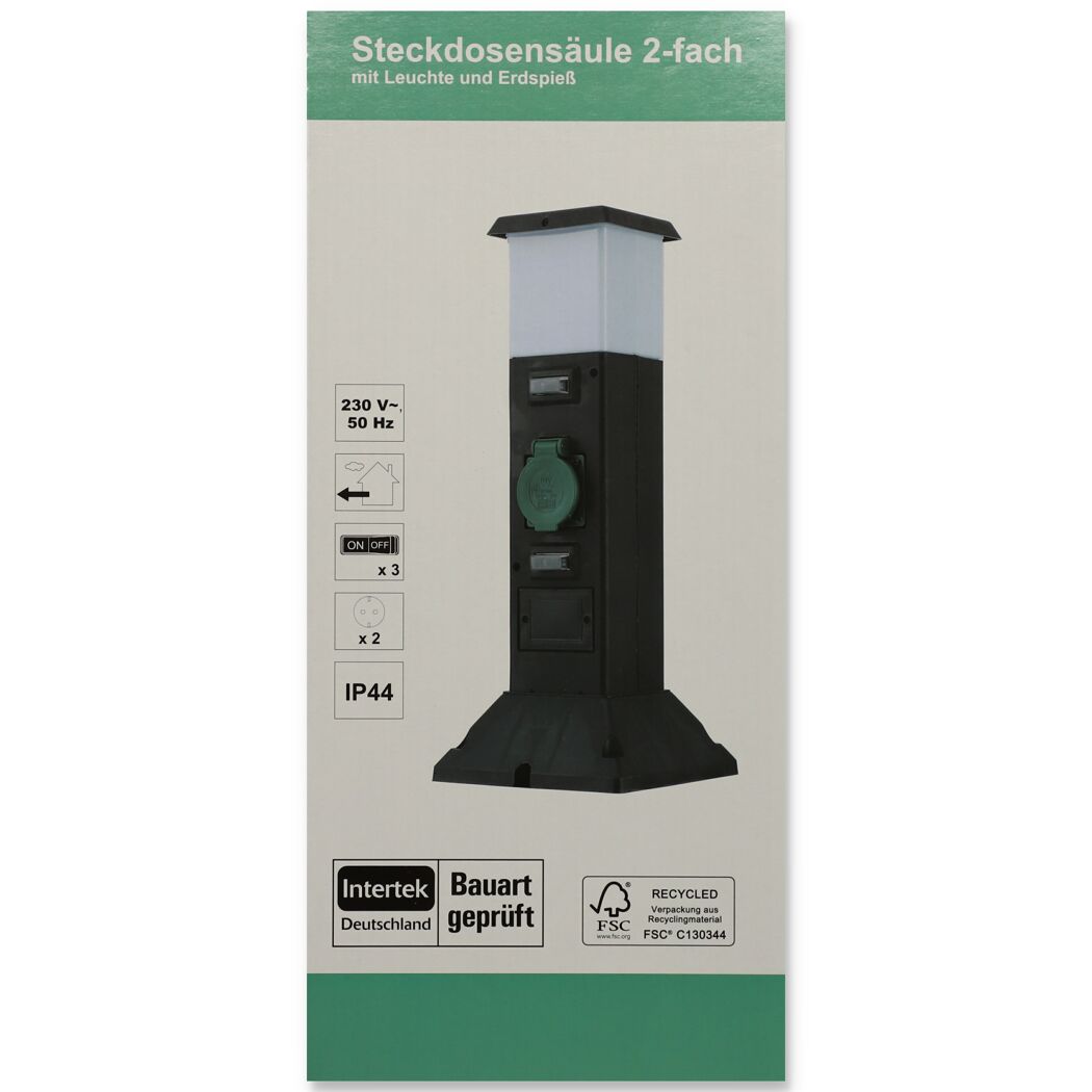 Schwarze Steckdosensäule mit Leuchte, IP44