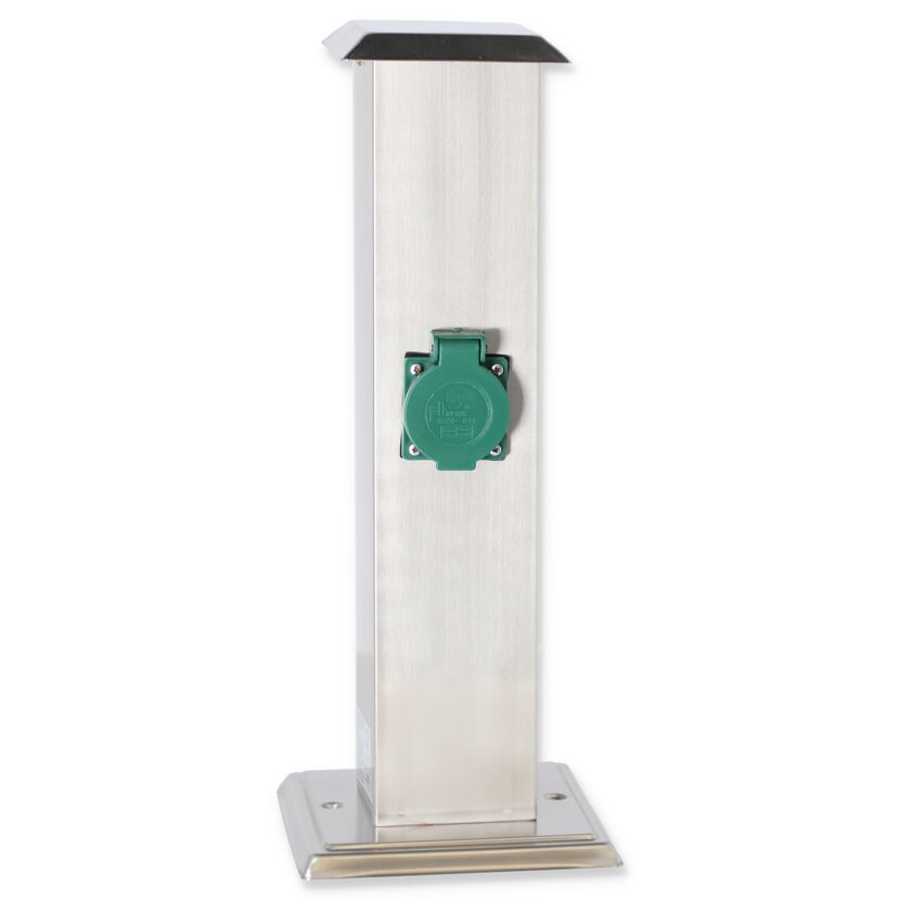 Steckdosensäule aus Edelstahl mit grüner Steckdose.