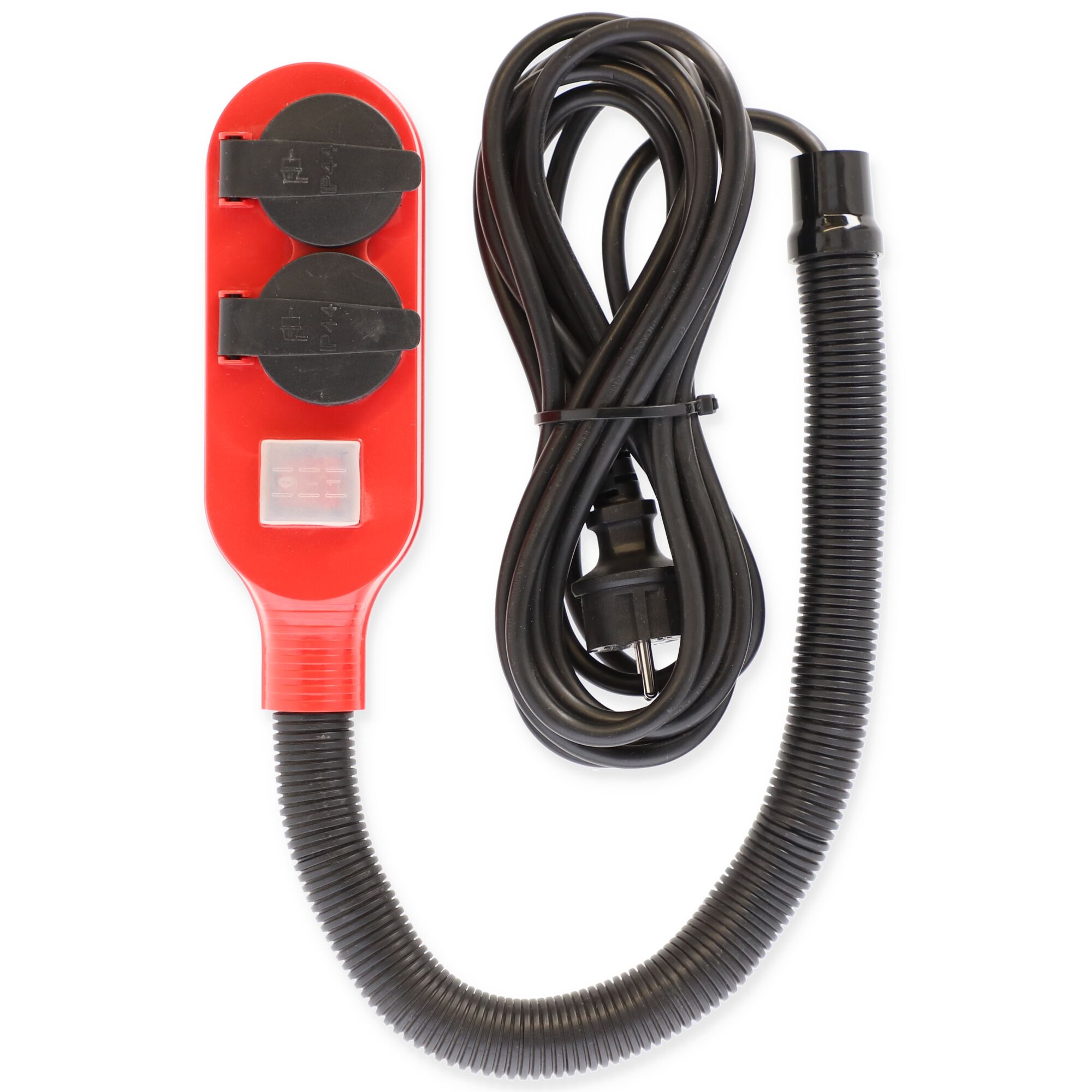 Rote Steckerleiste mit zwei Steckdosen und schwarzem Kabel.