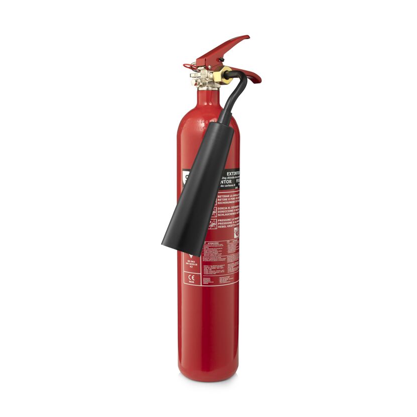 Roter Feuerlöscher mit schwarzem Schlauch