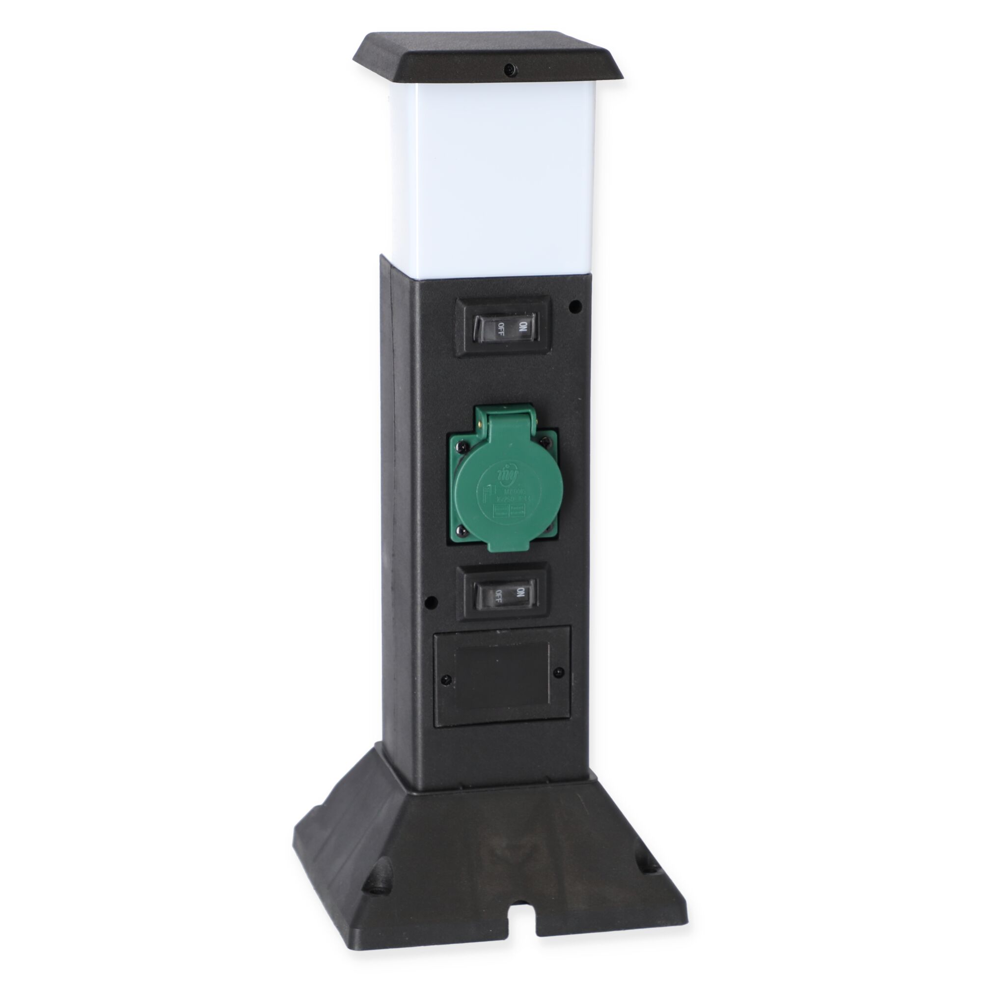 Schwarze Steckdosensäule mit integrierter Lampe und grün abgesetzter Außensteckdose