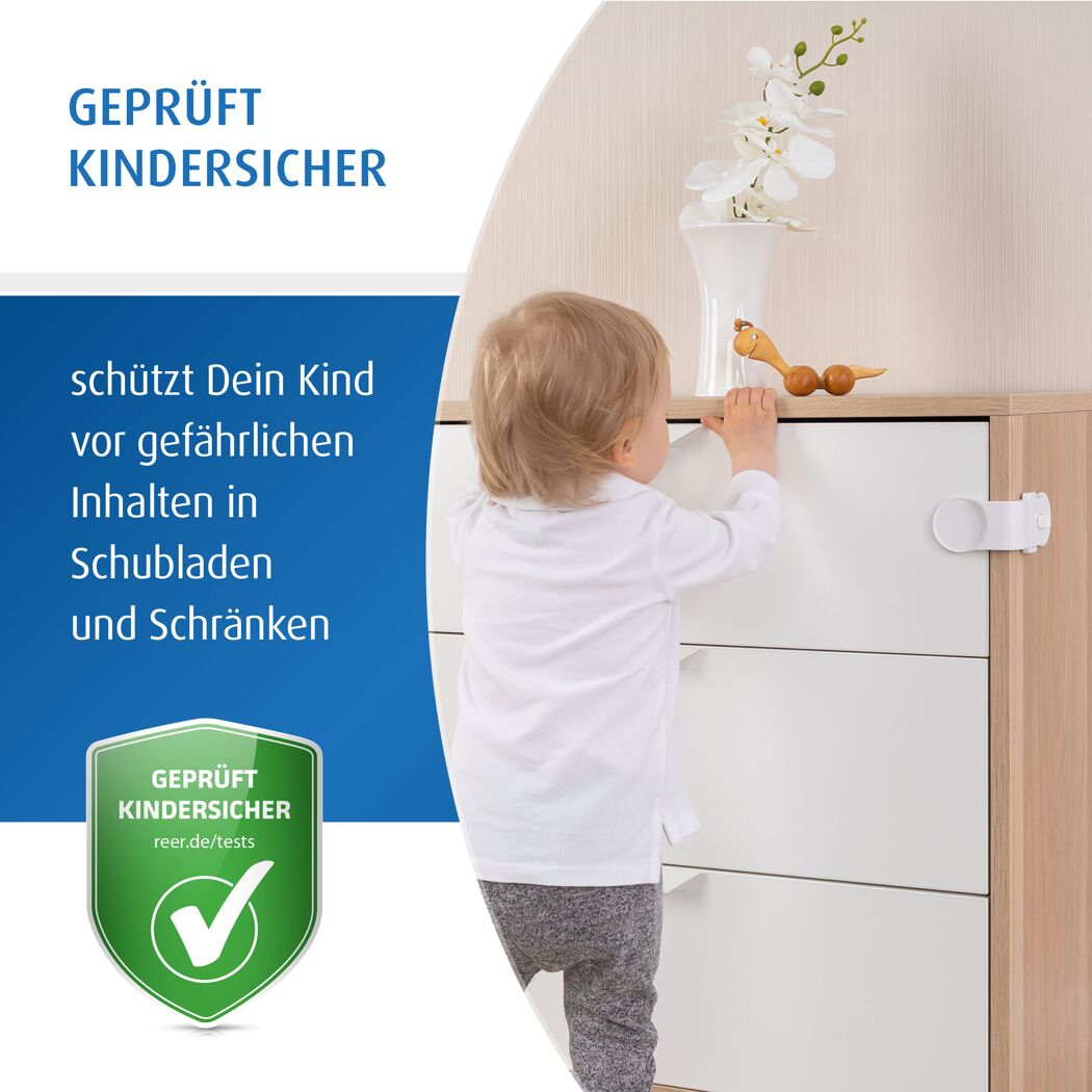 Schrank- und Schubladensicherung weiß klebbar, 3 Stück