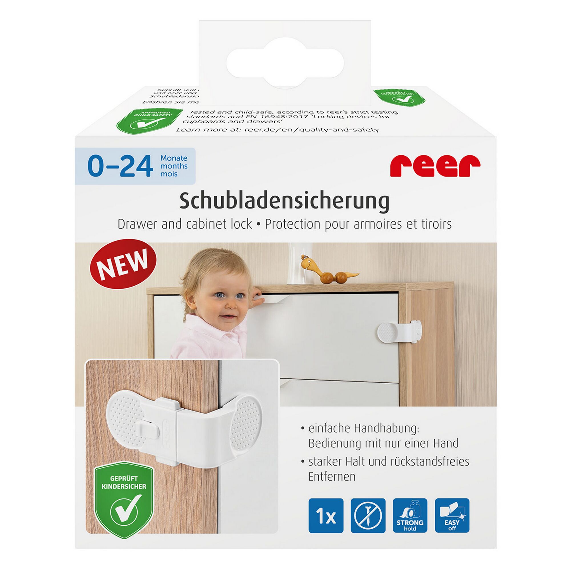Reer Schubladensicherung an einer Kommode befestigt.