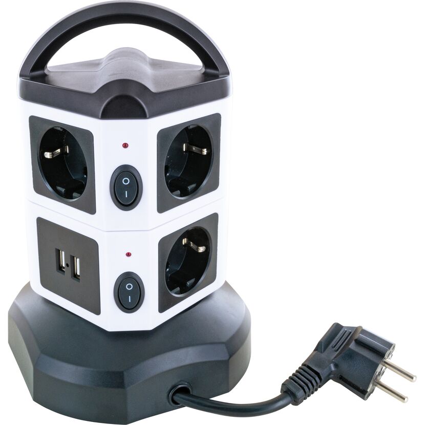 Steckdosentower mit vier Steckdosen und zwei USB-Anschlüssen