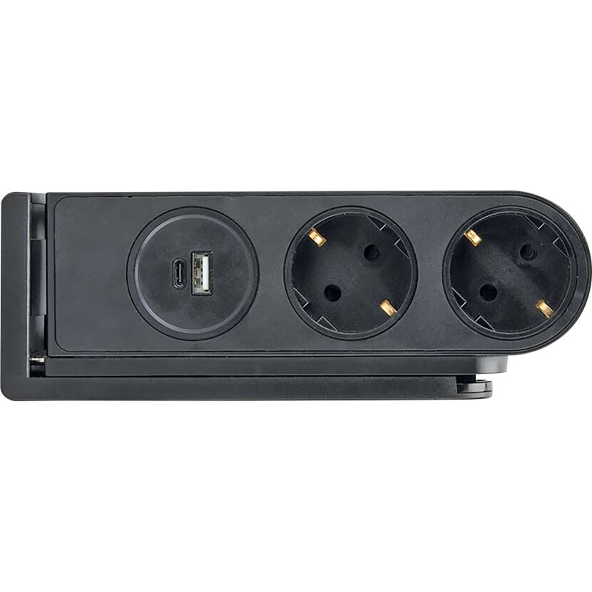Schwarze Tischsteckdosenleiste mit zwei Steckdosen und einem USB-Anschluss