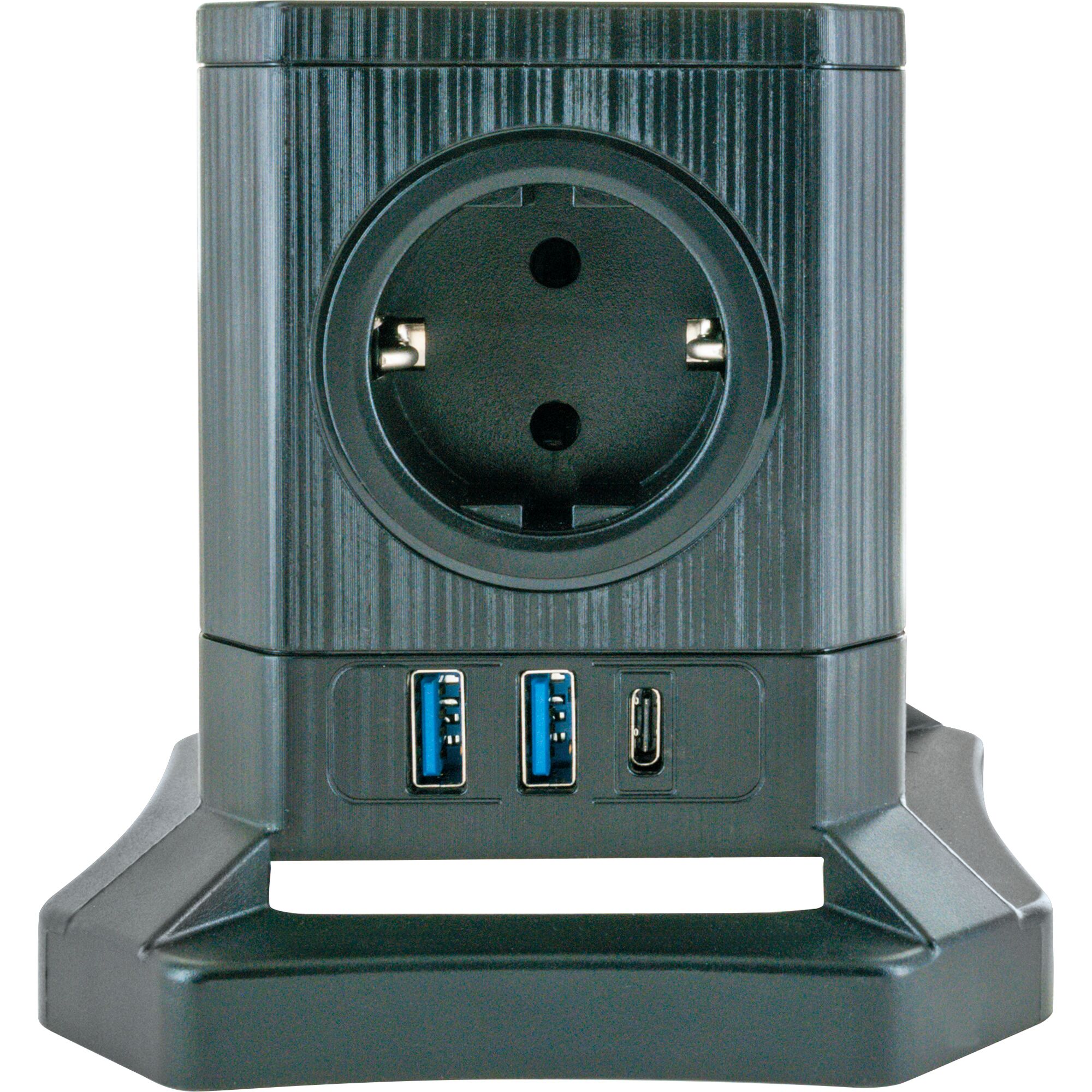 Schwarzer Steckdosentower mit USB-Anschlüssen