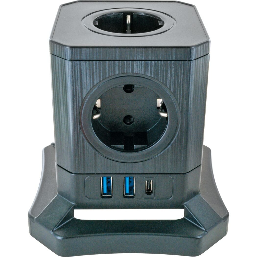 Schwarzer Steckdosentower mit USB-Anschlüssen.