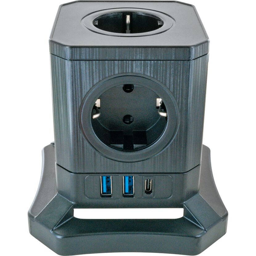 Schwarzer Steckdosentower mit USB-Anschlüssen.