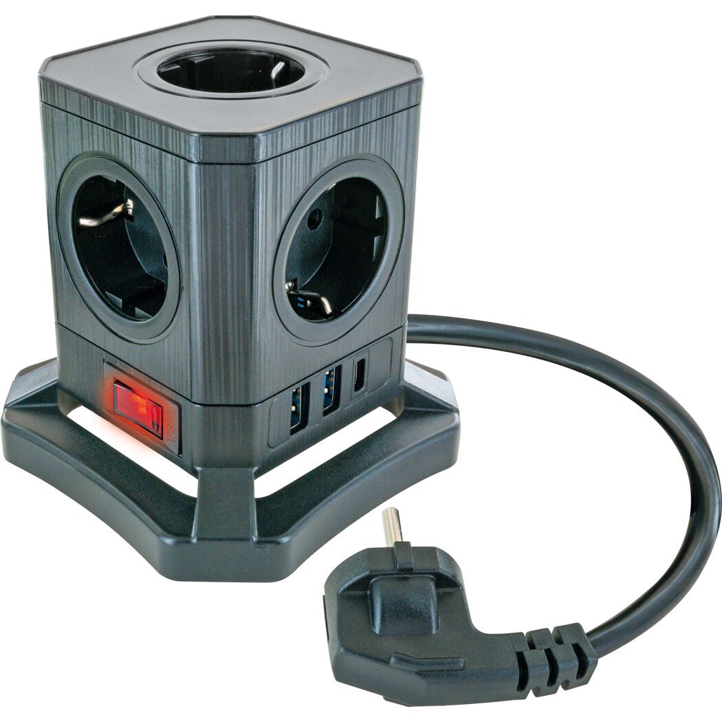 Würfel-Steckdosenleiste mit USB-Anschlüssen und Ein-/Ausschalter